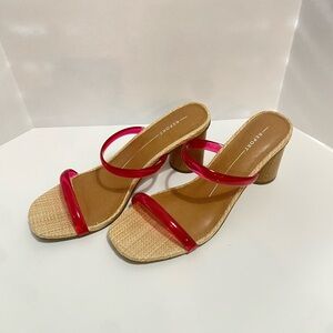 Report - Red Jelly Strap Sandal with 3 inch Round Block Heel. Size 6.5